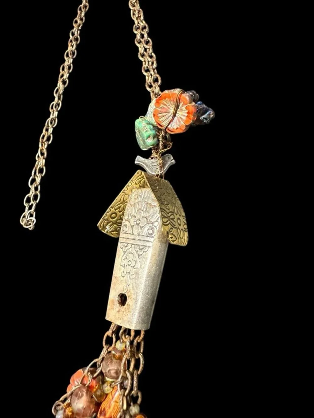 Vintage Artisan Crafted Cuckoo Clock Birdhouse Necklace Mixed Materials